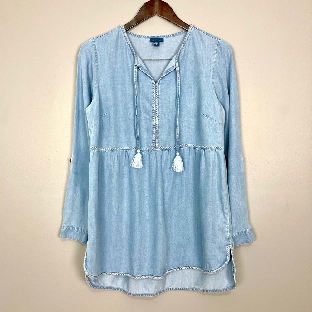 J. Jill Chambray Peasant Blouse Women’s Size XS Tassel Tie Roll Tab Sleeves Boho